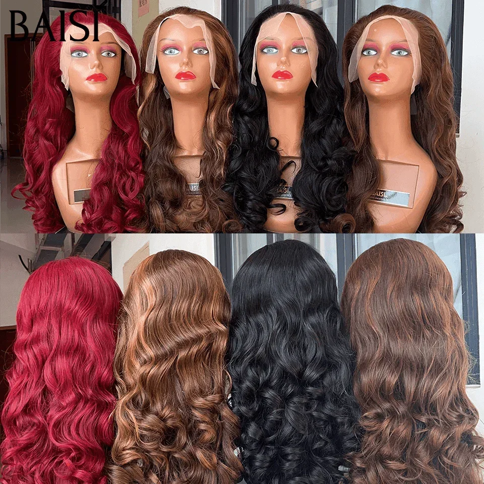 BAISI 13x4 Lace Frontal Perruque 4 Perruques en gros 579€ Body Wave Rouge Bordeaux 99J ou NOIR ou Marron ou Mixte 250% densité en 100% Cheveux Humains BS65
