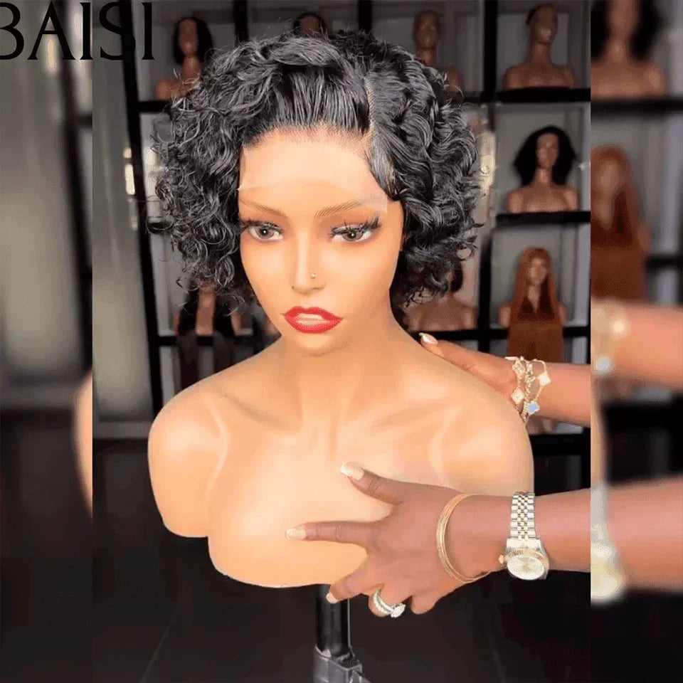 BAISI 13X4 Spitzen-Pixie-Wellenperücke in schwarzer Farbe 88 € in 100 % Echthaar