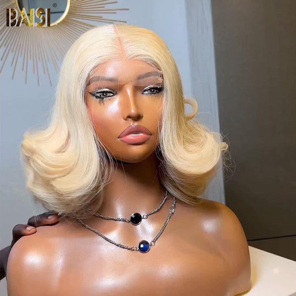 BAISI 4X4 Lace Bob Bouncy Curl Peruca de 12 polegadas em loiro #613 cabelo humano real