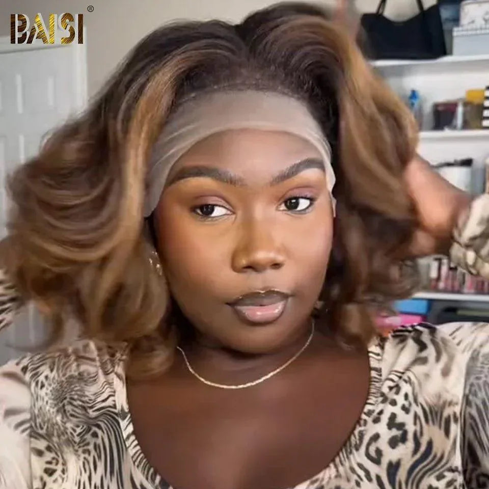 BAISI 13x4 Kinky Straight Brown bob wig in high quality with natural Baby Hair in 100% Raw Hair 4C Hairline