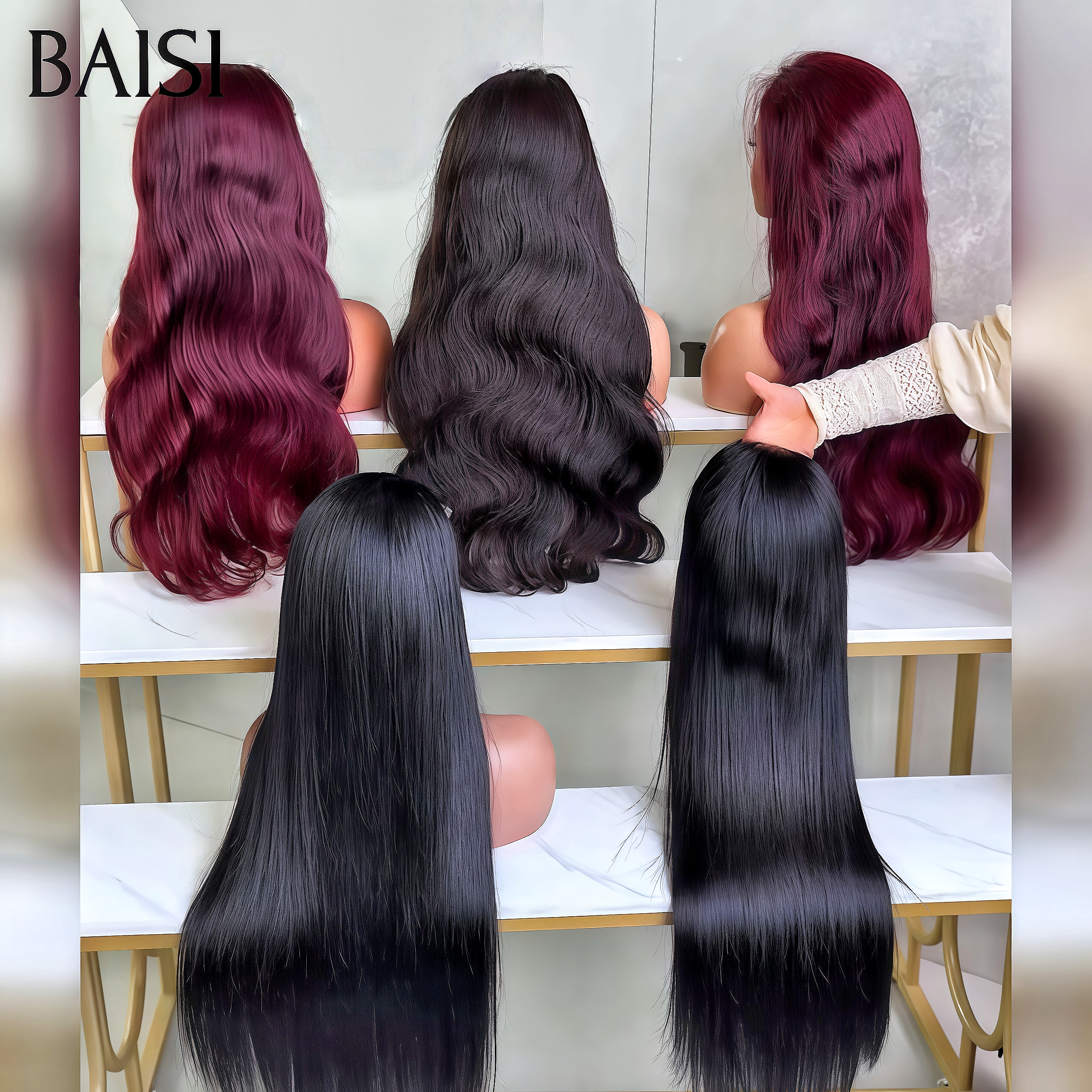BAISI 5 Perruques pour revendre 349€ 13x4 lace frontal bouclé body wave et Lisse PROMO 18 pouces 2 couleurs Bordeaux et noir en 100% Cheveux Humains