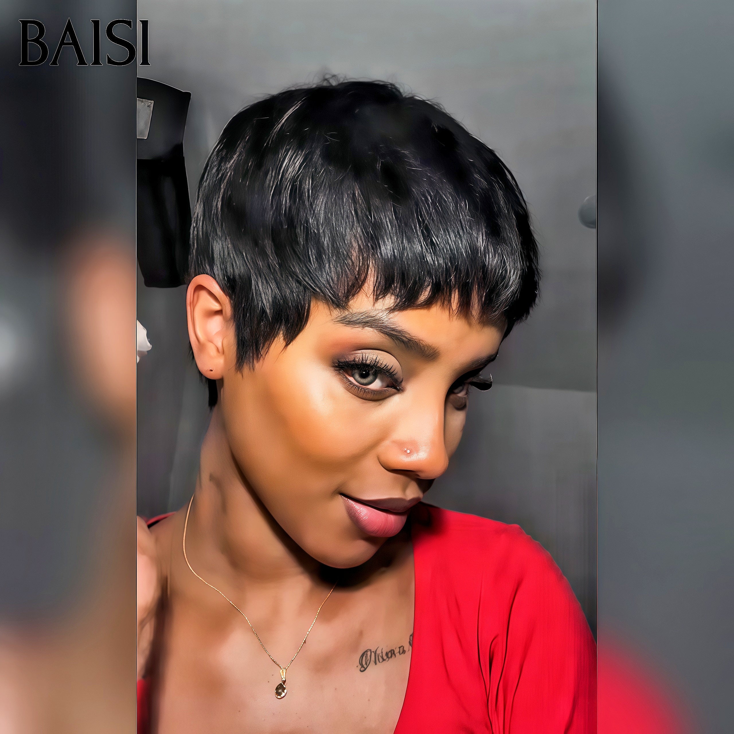 BAISI Perruque promotion Facile à porter Lisse en France sans Colle Fabriqué à la Machine pixie 39€ en 100% Cheveux Humains