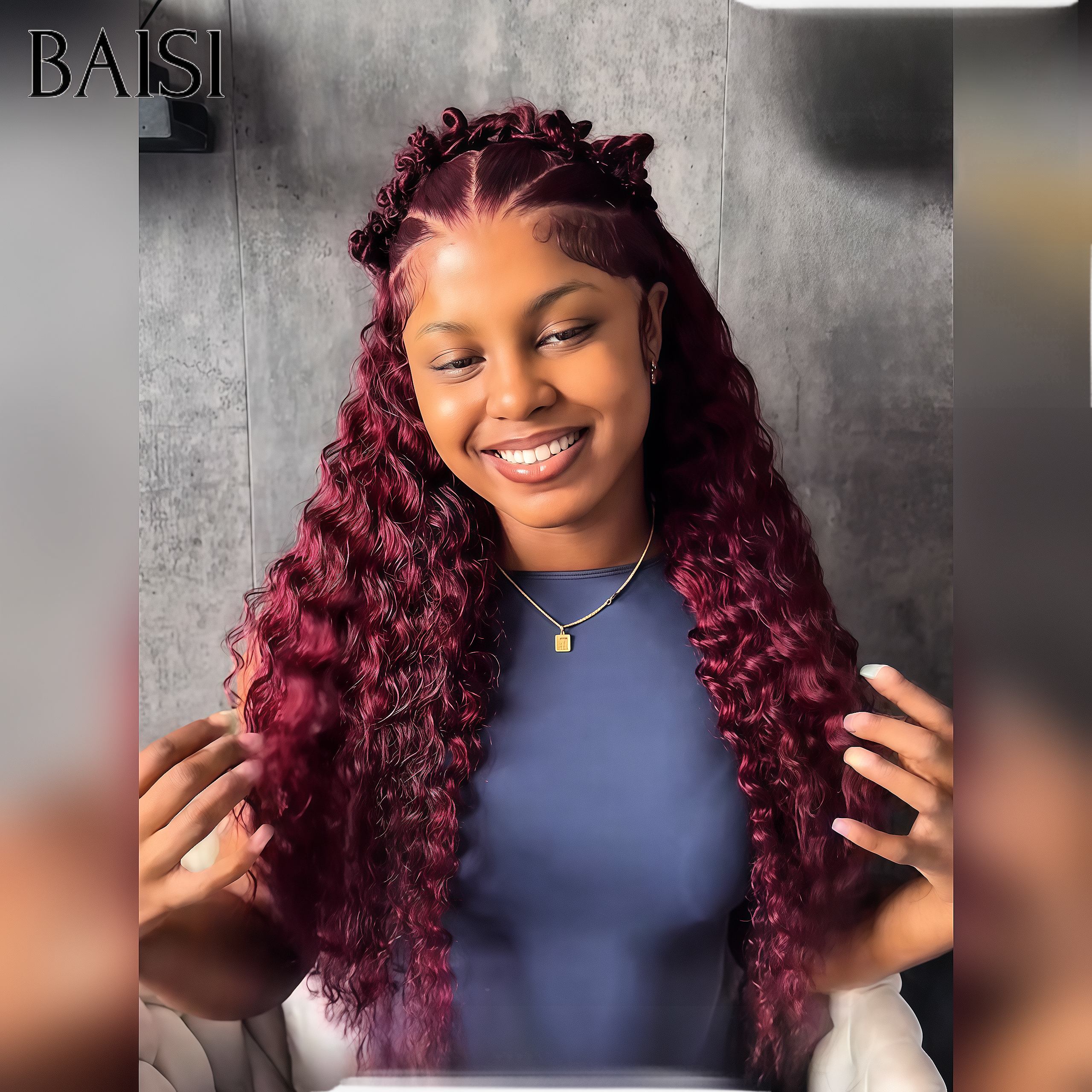 BAISI 13x4 Perruque Curly wave Bordeaux 99J# Pré-plucked Pas Besoin de Colle en 100% Raw Hair Lace déjà couper