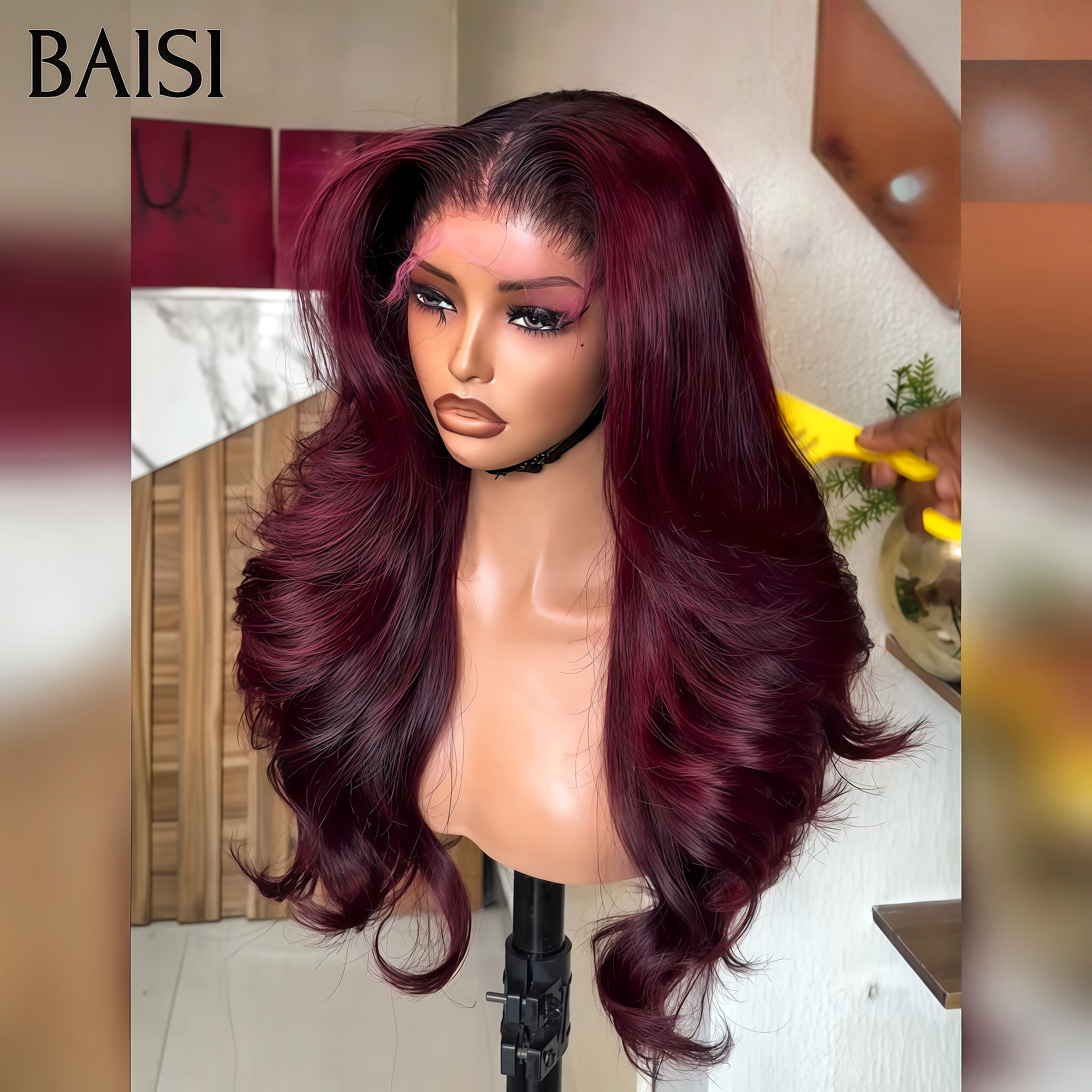 BAISI Borgonha Cor Peruca 1B / 99J # Peruca Frontal Cheia de Renda Ondulada Onda Corporal Cabelo Humano