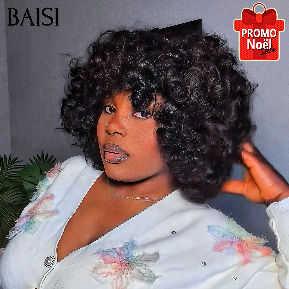 BAISI Offre Flash 66€ Perruque Egg Wave avec Frange en Noir Sans Lace Sans Colle en 100% Cheveux Humains CODE: VIP100