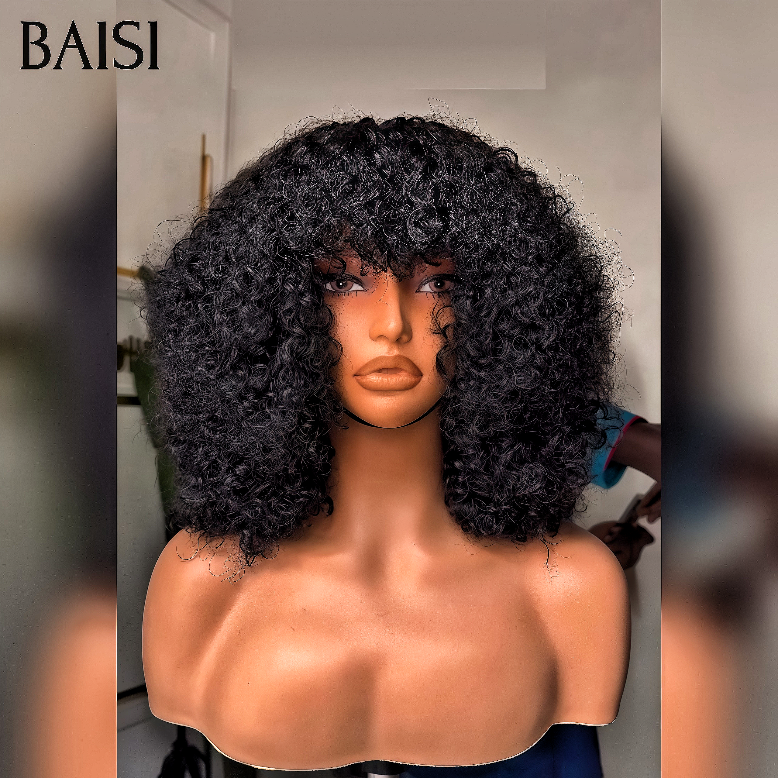 BAISI Perruque Bouclé curly Wave Avec Frange 100% Cheveux Humains
