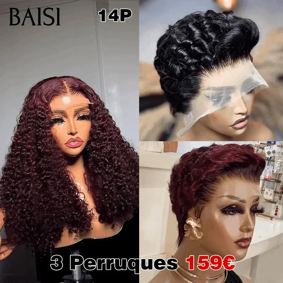 BAISI perruque 13X4 lace frontal Pixie Marron 59€ ou 3 Perruques 159€ 4X4 bouclé water wave 99J# 14 Pouces ou 13X4 pixie  2 Couleurs en 100% Cheveux Humains MP50