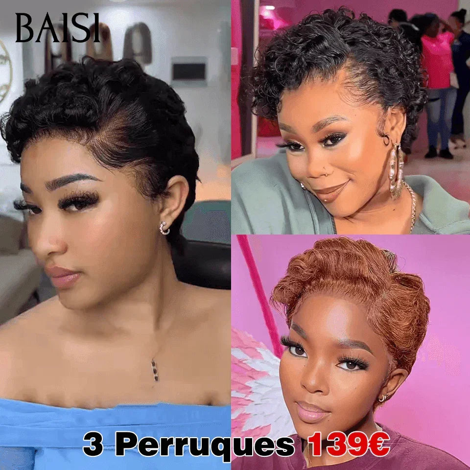 BAISI 13x4 lace frontal perruque chioma pixie finger wave ou 3 Perruques 139€ 13X4 pixie 2 Couleurs en 100% Cheveux Humains FR38