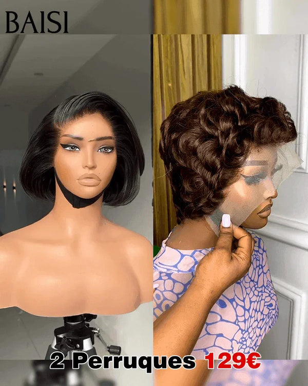 BAISI vente flash 2 Perruques 129€ 13X4 lace pixie noir et 4X4 lace lisse 8 poucesen 100% vrais cheveux humains FR38