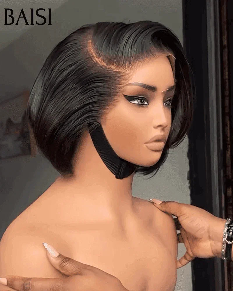 BAISI PROMOTION Noël 69€ Perruque4X4 lace pixie Lisse NOIR Moitié Prix  8 Pouces en 100% Cheveux Humains MP50