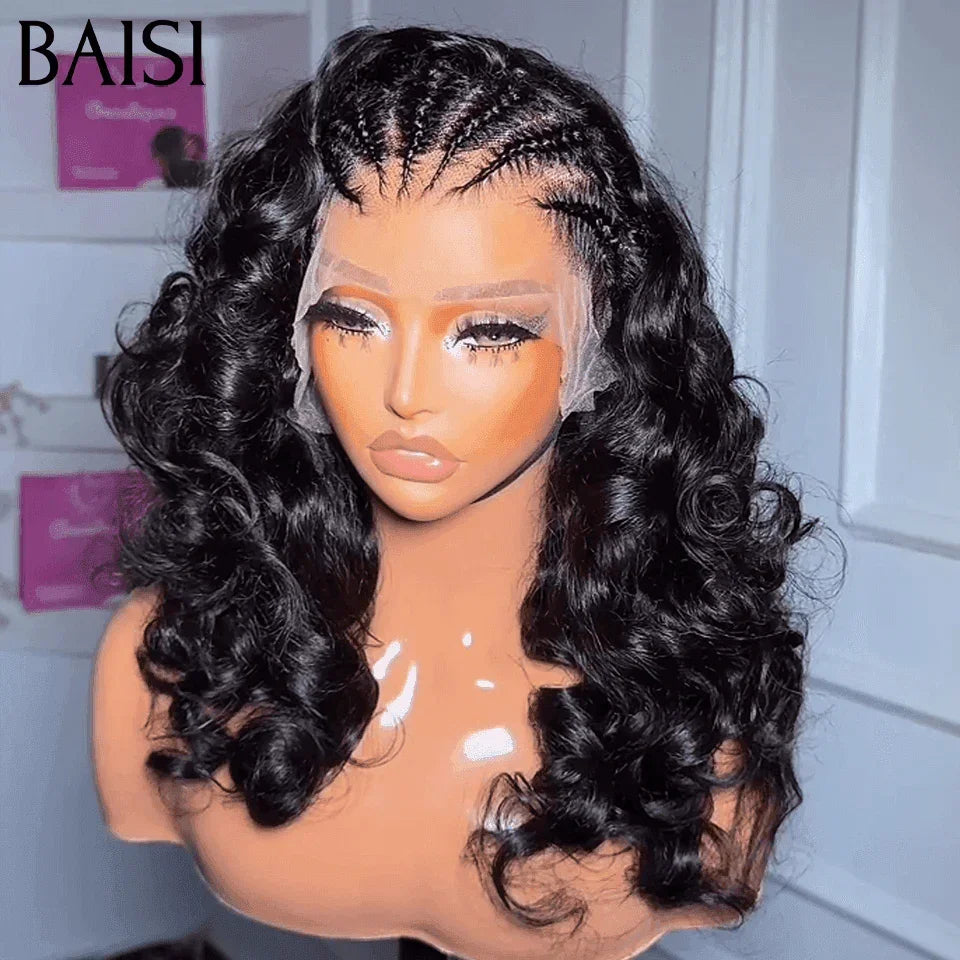 BAISI 13X4 lace perruque body wave Petite natte frisé frontale lace noir 18 pouces  100% cheveux humains BS65