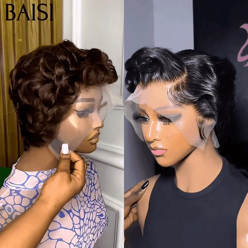 BAISI vente flash pixie perruque chioma finger wave 55€ ou 2 Perruques 85€ 13X4 lace noir et Marron pixie moitié prix en 100% vrais cheveux humains MP50