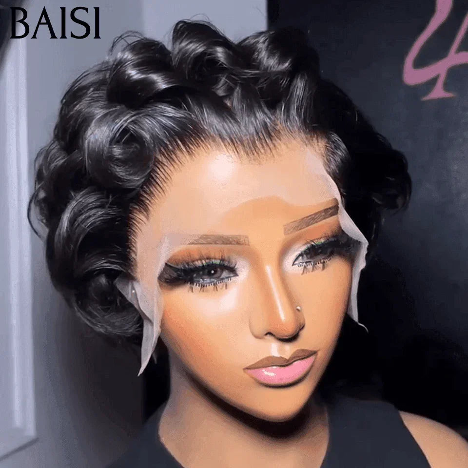 BAISI vente flash pixie perruque chioma finger wave 55€ ou 2 Perruques 85€ 13X4 lace noir et Marron pixie moitié prix en 100% vrais cheveux humains MP50