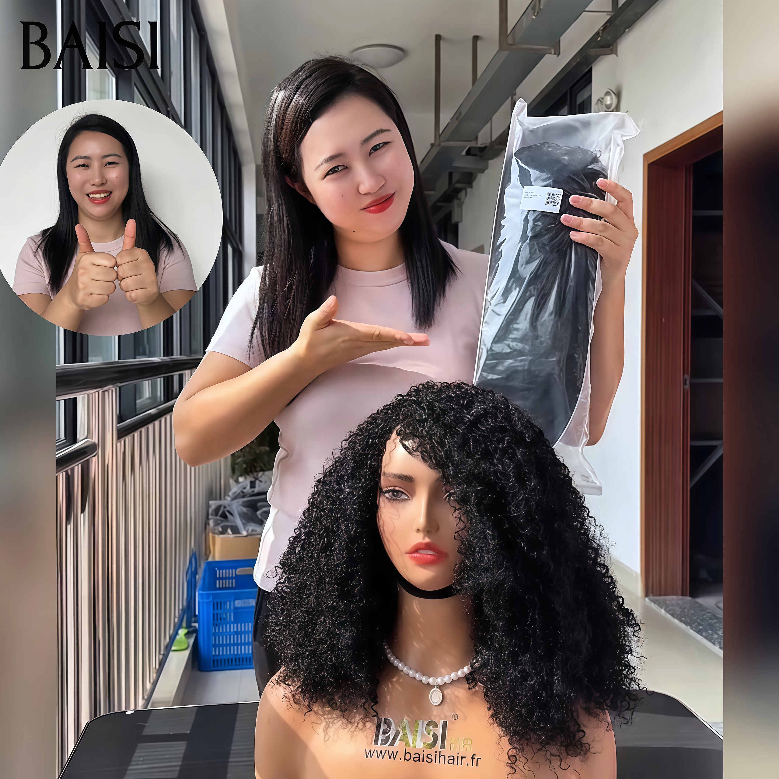 BAISI Perruque 300% densité curly wave avec Frange sans Colle Fabriqué à la Machine Moitié Prix en 100% Cheveux Humains