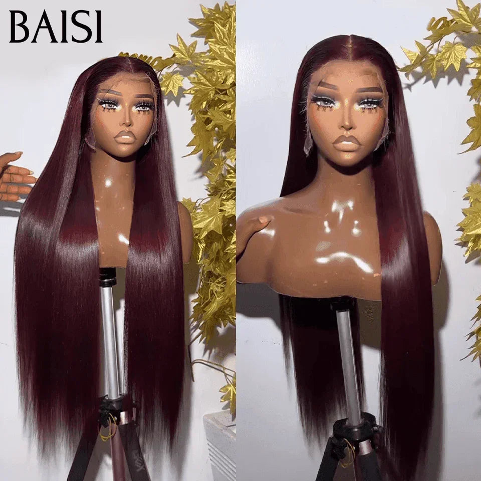 BAISI Acquista almeno 2 parrucche al prezzo di fabbrica fornitore 13x4 Lace Frontal Parrucca Liscia Rosso Bordeaux 99J# Senza Colla Lace già tagliata Facile da Indossare In 100% Capelli Umani (Nessun Codice Necessario)