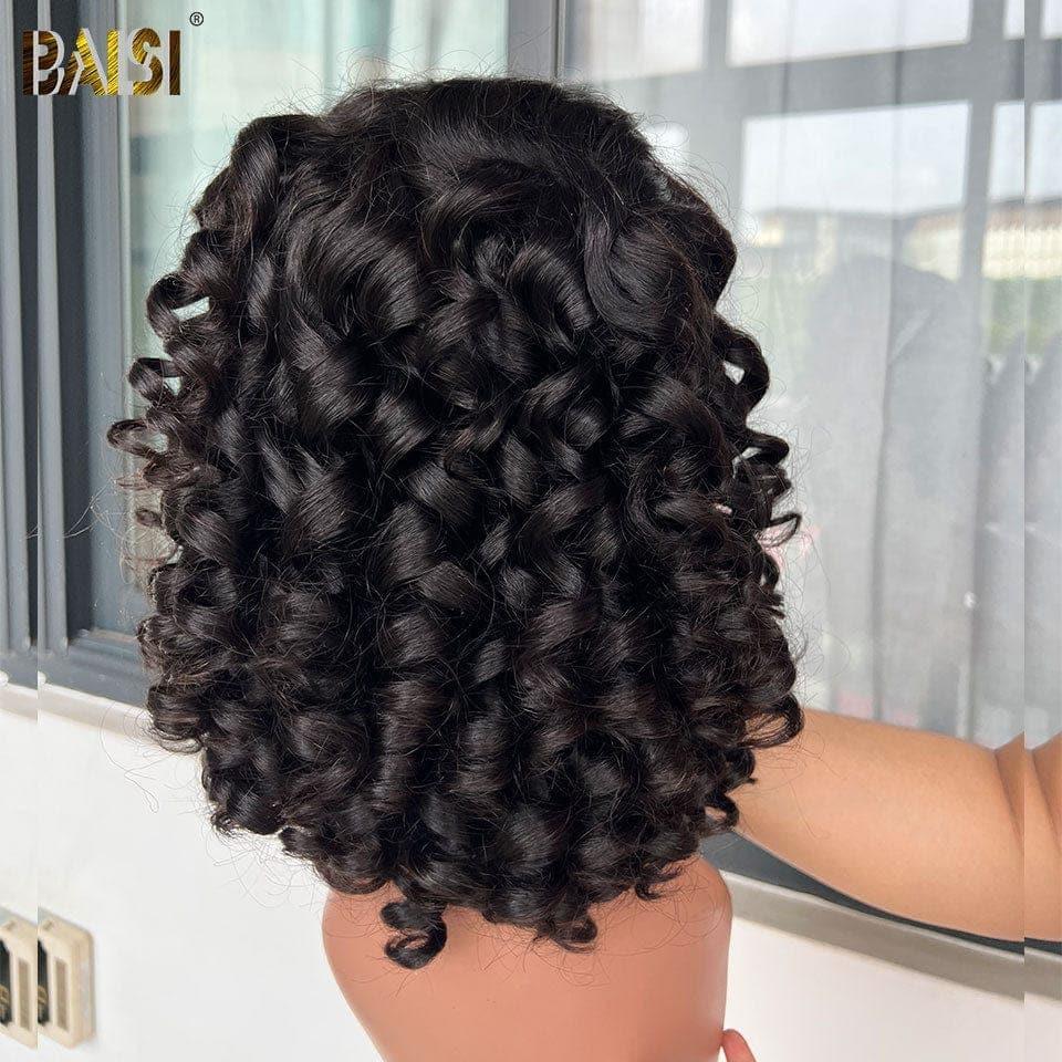 BAISI 13x4 Lace Frontal Wig Bouncy curl A1 Feito por cabelo duplo desenhado em Preto em 100% Cabelo Humano