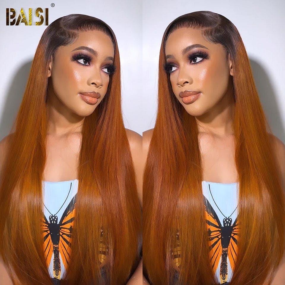 BAISI 13x4 Frontal Perruque Lisse en couleur #1B#30 Pré-plucked Pas Besoin de Colle en 100% Raw Hair Lace déjà couper