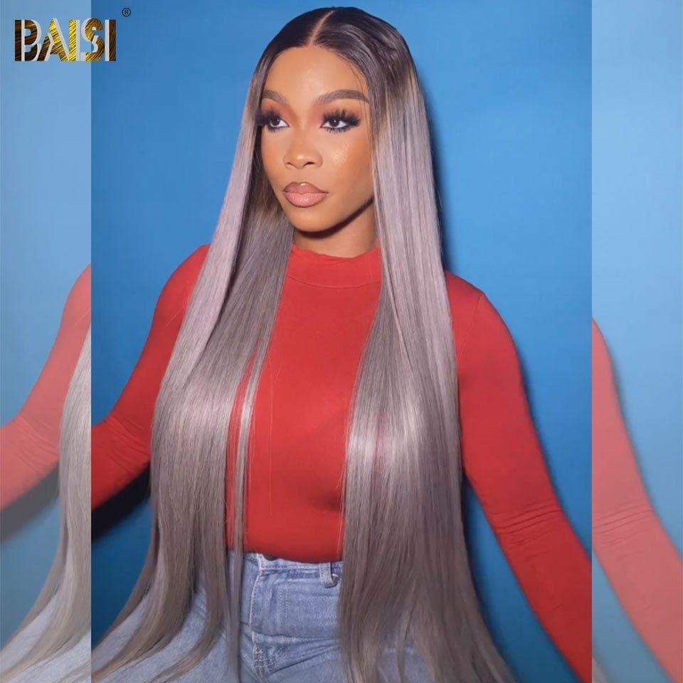 BAISI Collection Poivre et Sel 13X4 Frontal Perruque Lisse En 4 couleur NOIR ou Grise ou Bordeau ou  Marron 30 Poucess  En 100% Vrais Cheveux Humains