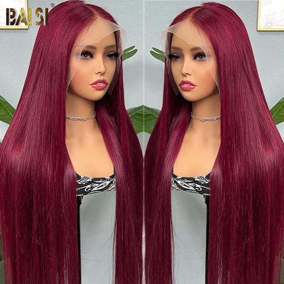 BAISI 13x4 Lace Frontal Perruque Lisse Rouge Bordeaux en 100% Cheveux Humains