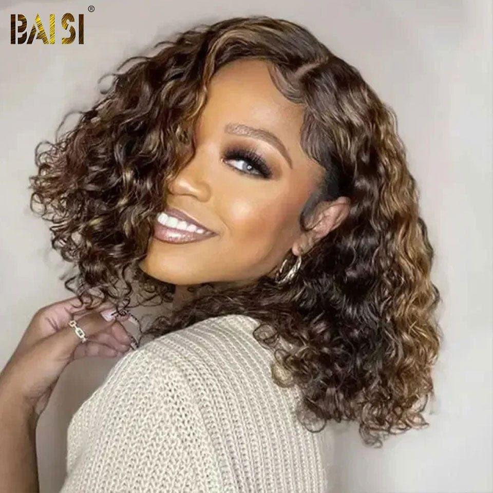 Parrucca Bob riccia BAISI 13X4 in misto # 4 # 27 pre-pizzicata senza colla necessaria in pizzo di capelli grezzi al 100% già tagliato