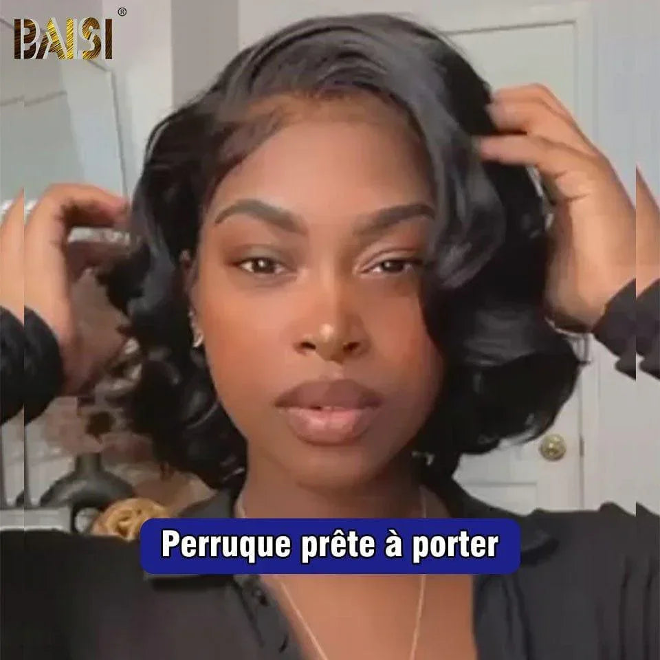 BAISI 13x4 Bob Body Wave Perücke in Schwarz, leimloser Spitzenfrontschnitt, einfach zu tragen, 100 % Echthaar