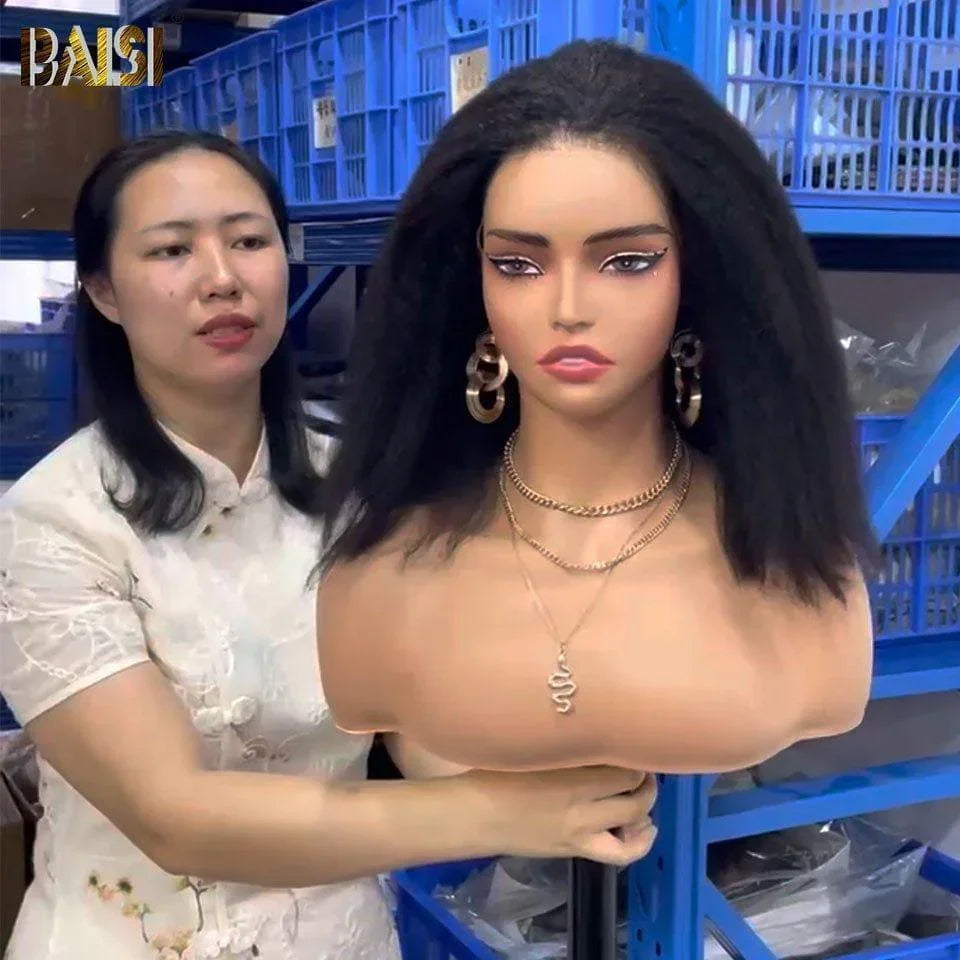 BAISI 13X4 verworrene gerade Bob-Perücke in Schwarz, vorgezupft, kein Kleber erforderlich, aus 100 % Rohhaar, Spitze bereits geschnitten