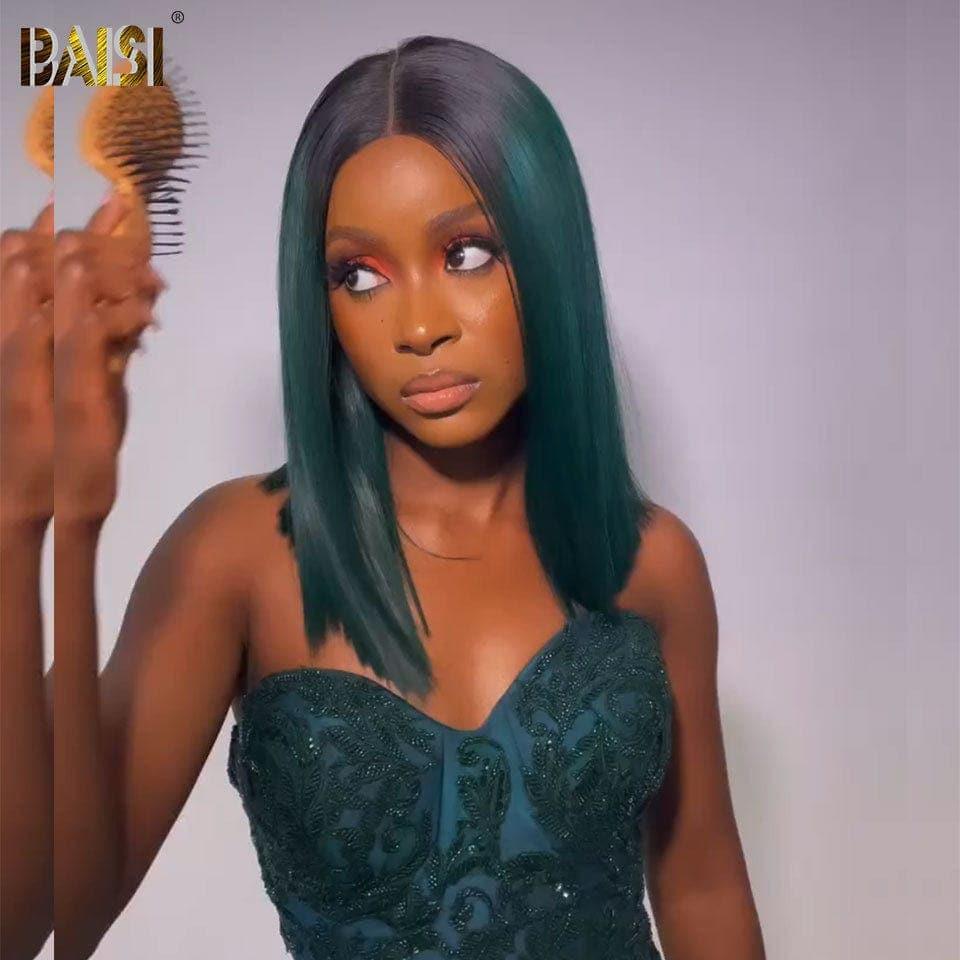 BAISI 13X4 Bob reto peruca na cor # 1B verde pré-arrancado sem necessidade de cola em cabelo 100% cru renda já cortada