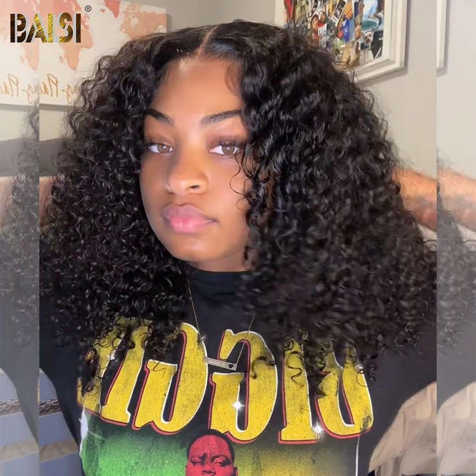 BAISI 13X4 Afro-Curl-Perücke in schwarzer Farbe #1B, vorgezupft, kein Kleber erforderlich, aus 100 % Rohhaar, Spitze bereits geschnitten