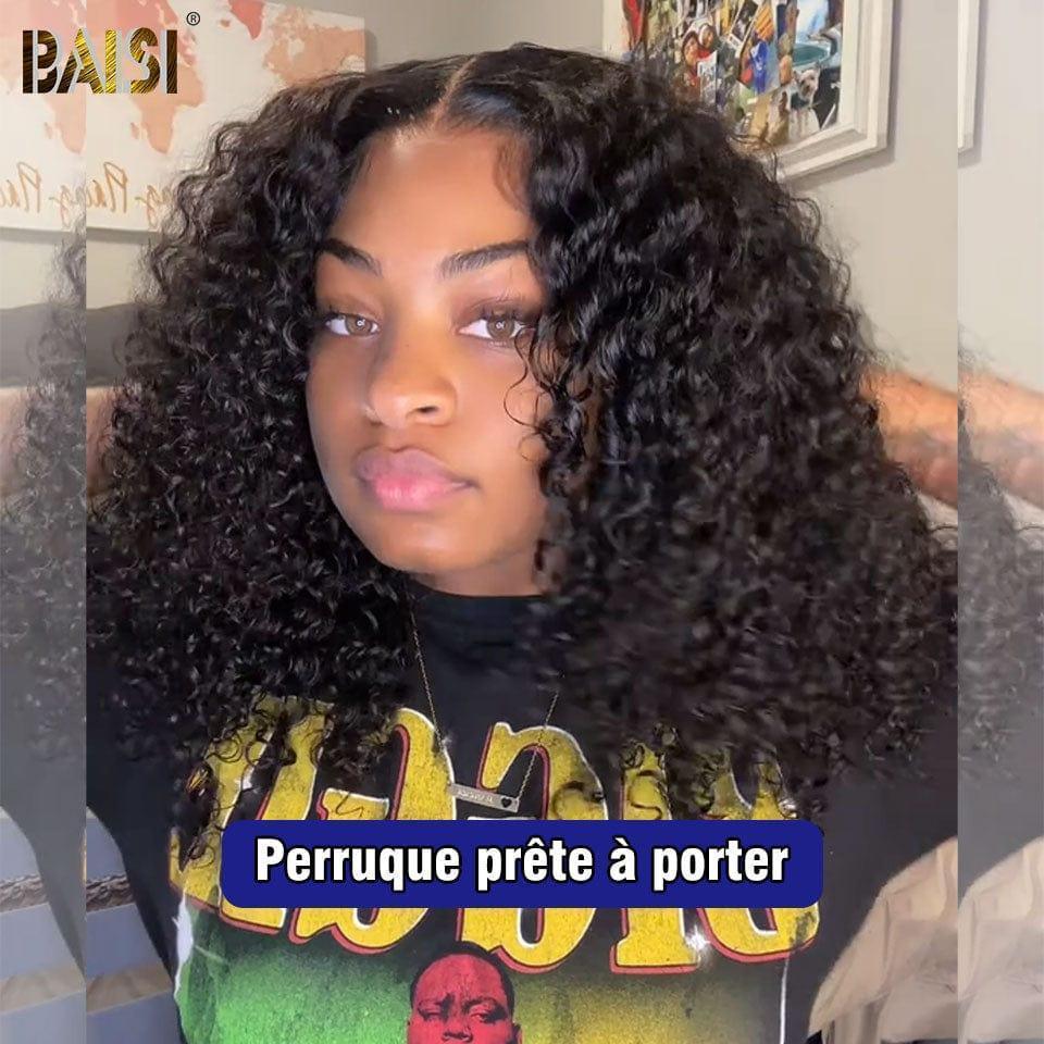 BAISI 13X4 Afro-Curl-Perücke in schwarzer Farbe #1B, vorgezupft, kein Kleber erforderlich, aus 100 % Rohhaar, Spitze bereits geschnitten