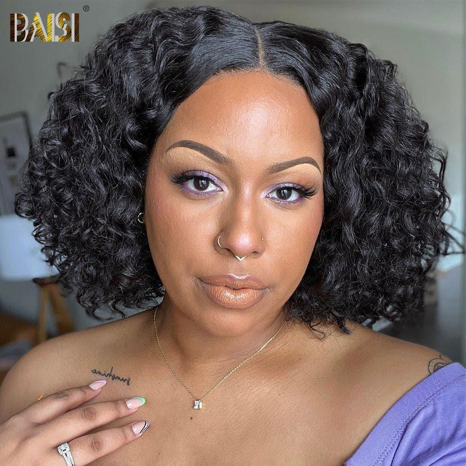 BAISI Achetez 2 perruques minimum au prix d'usine fournisseur en France TVA 0€ 48H arrivé 13x4 Frontal Bob Perruque Curly Sans Colle Lace déjà couper Facile à Porter 100% Cheveux Humains(Pas Besoins De Code)