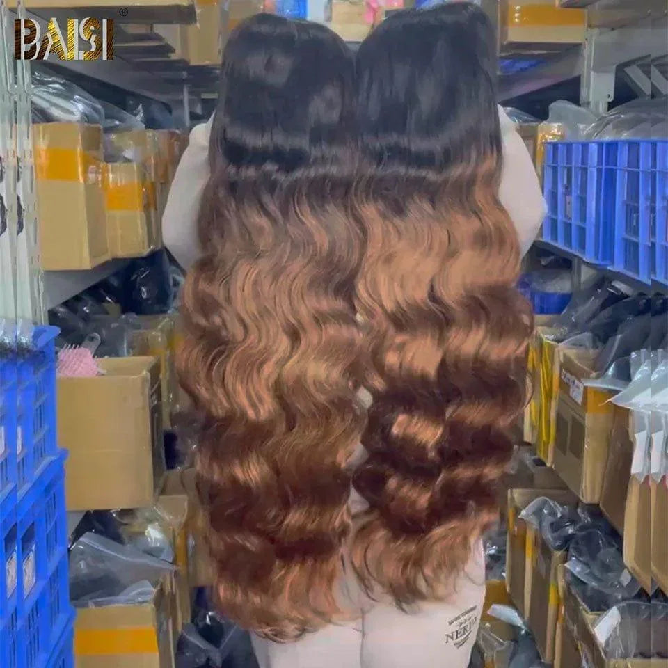 BAISI 13x4 Frontal Curly Wig Body Wave 1B#4 Schwarz Braun Aus 100% Echthaar