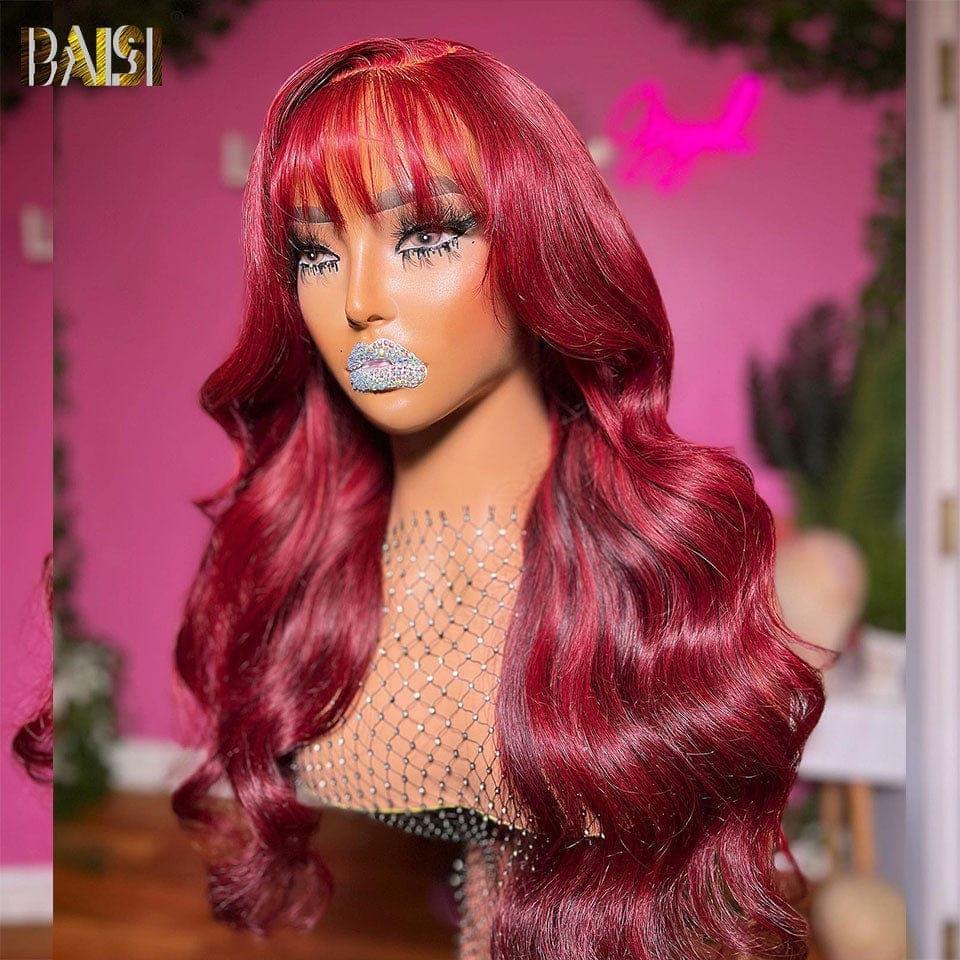 BAISI 13x4 Lace Frontal Burgunderrote Body Wave Perücke 99J mit Pony aus 100 % Echthaar