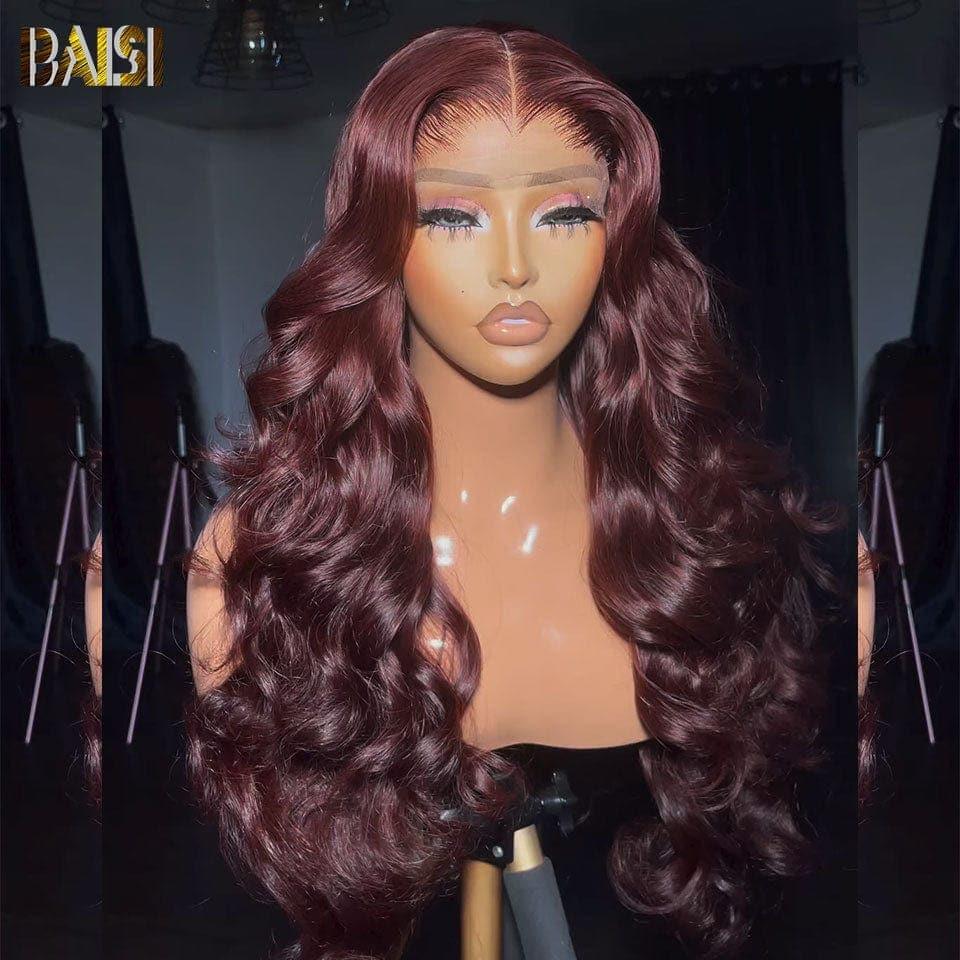 BAISI Achetez 2 perruques minimum au prix d'usine fournisseur en France TVA 0€ 48H arrivé 13x4 Lace Frontal Perruque Body Wave Highlight Bordeaux Mixte Rouge Vive Sans Colle Lace déjà couper Facile à Porter en 100% Cheveux Humains ( Pas beoins de Code )