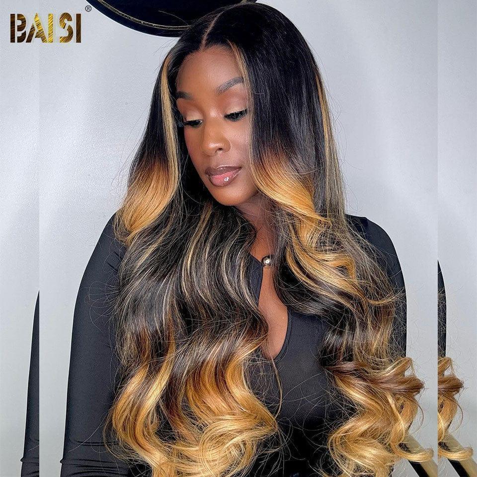 BAISI Pré-plucked lace invisible frontale 13x4  Perruque Body wave en couleur Noir mix Miel 1Bmix27# Pré-plucked Pas Besoin de Colle en 100% Raw Hair Lace déjà couper