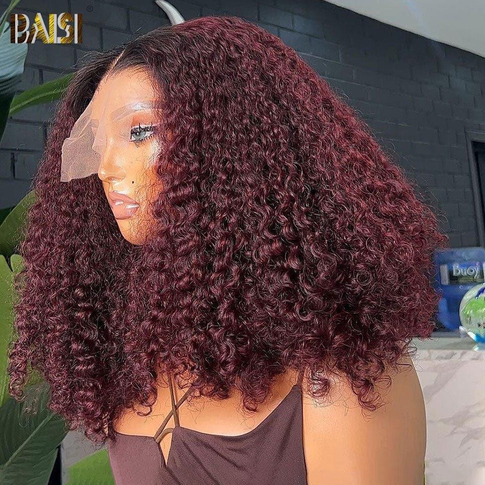 BAISI EVA Lace Frontal Perruque Carré Bouclée Curly Noir Rouge Bordeaux 1B99J