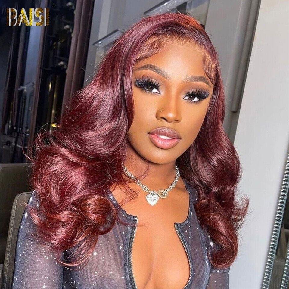 BAISI 13X4 Bob Body Wave Perücke in Burgunderrot #99J, vorgezupft, kein Kleber erforderlich, aus 100 % Rohhaar, Spitze bereits geschnitten