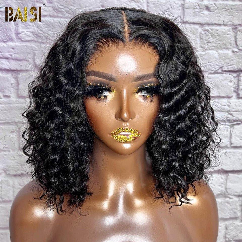 BAISI 13x4 Perruque Bob Deep Wave en Noir Sans Colle Lace déjà couper Facile à Porter en 100% Cheveux Humains