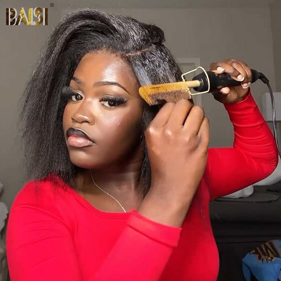 BAISI 13x4 Lace Frontal Perruque Bob Kinky Straight  Pré-plucked Pas Besoin de Colle en 100% Raw Hair Lace déjà couper
