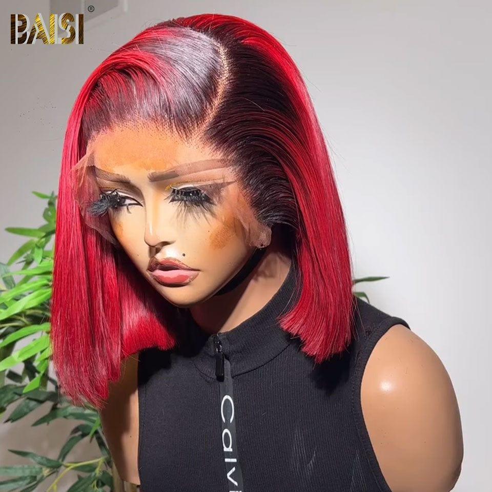 BAISI 13 x 4 frontale gerade Bob-Perücke im roten Bob-Schnitt, 100 % echtes Echthaar