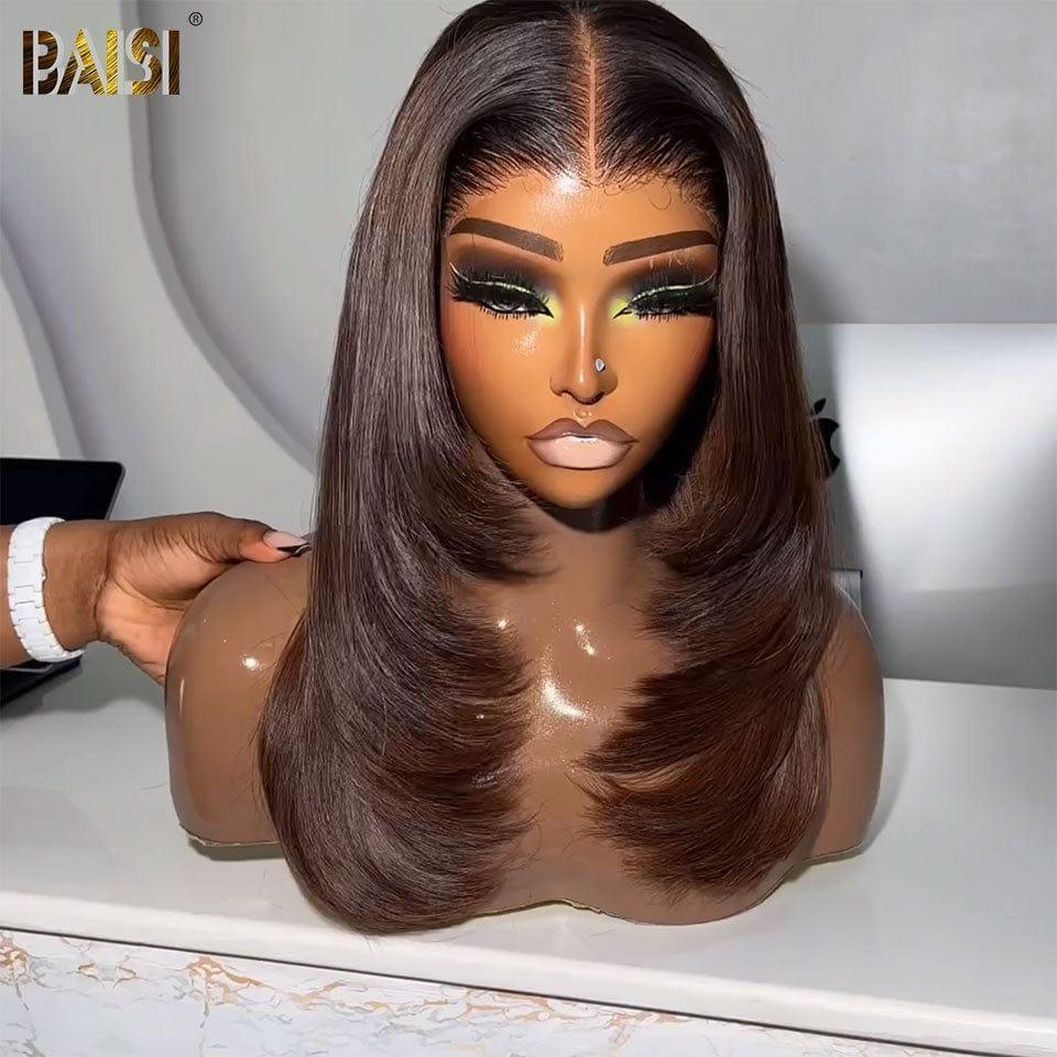 BAISI 13X4 peruca quadrada reta na cor marrom pré-arrancada sem necessidade de cola em cabelo 100% cru renda já cortada
