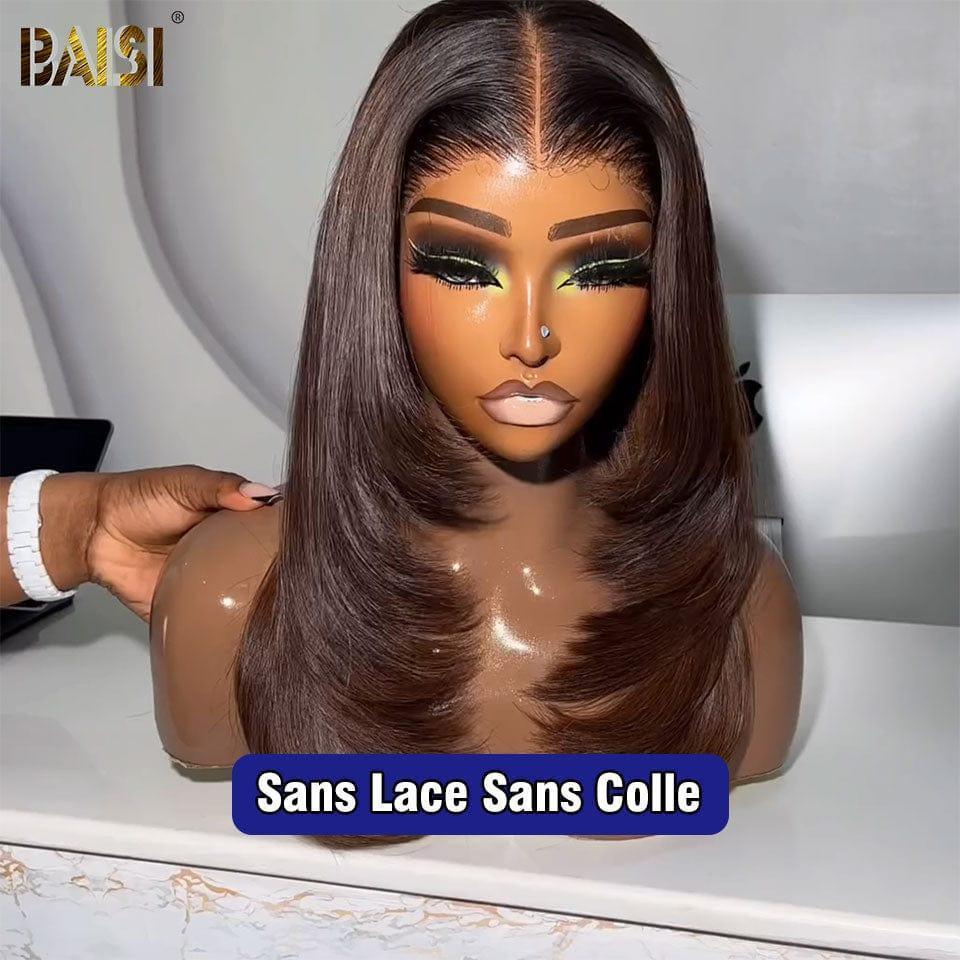 BAISI 13X4 peruca quadrada reta na cor marrom pré-arrancada sem necessidade de cola em cabelo 100% cru renda já cortada