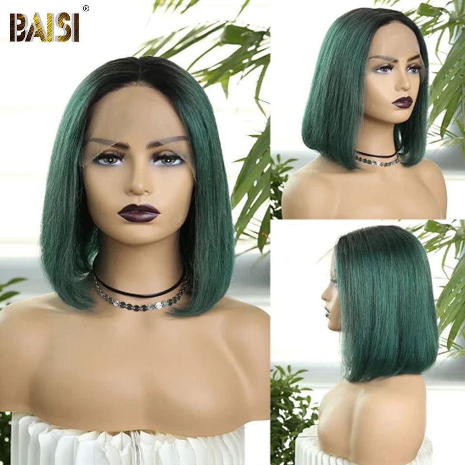 BAISI Achetez 2 perruques minimum au prix d'usine fournisseur 13x4 Perruque Bob Lisse En Noir Vert Emeraude Coupe Carrée Pré-plucked Pas Besoin de Colle en 100% Raw Hair Lace déjà couper (Pas Besoins De Code)