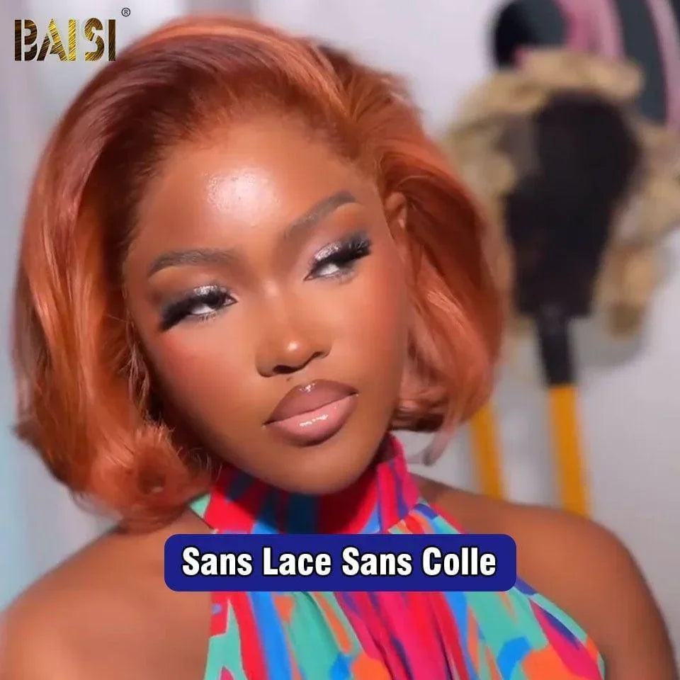 Peruca bob reta BAISI 13X4 em laranja pré-arrancada, sem necessidade de cola em cabelo 100% cru, renda já cortada