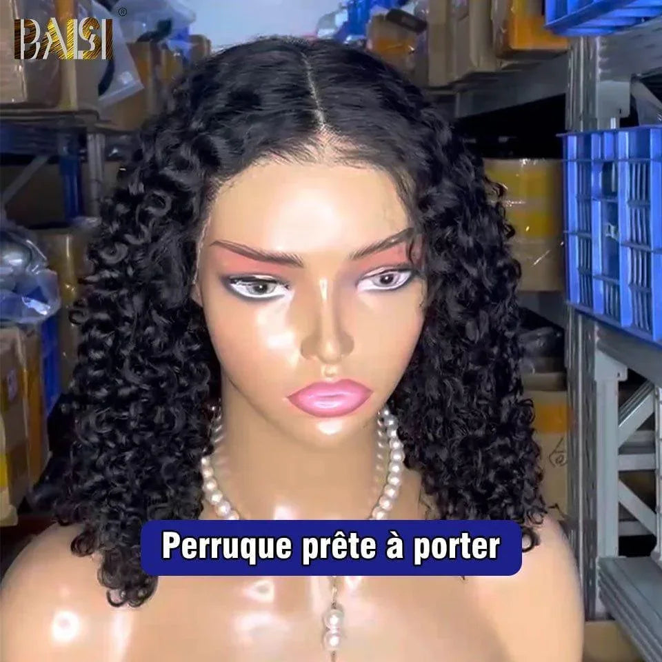 BAISI 13x4 Perruque Bob Curly en Noir Sans Colle Lace déjà couper Facile à Porter en 100% Cheveux Humains
