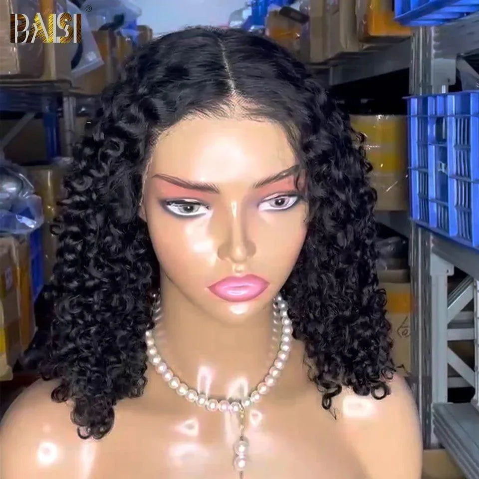BAISI 13x4 Perruque Bob Curly en Noir Sans Colle Lace déjà couper Facile à Porter en 100% Cheveux Humains