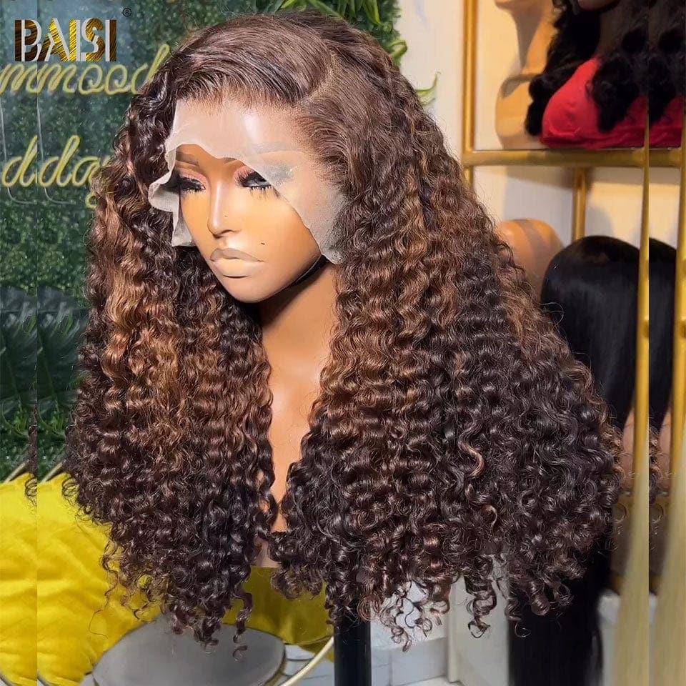 BAISI 13x4 Lace Frontal Curly Perücke in der Farbe #4#30#4 aus 100 % Echthaar