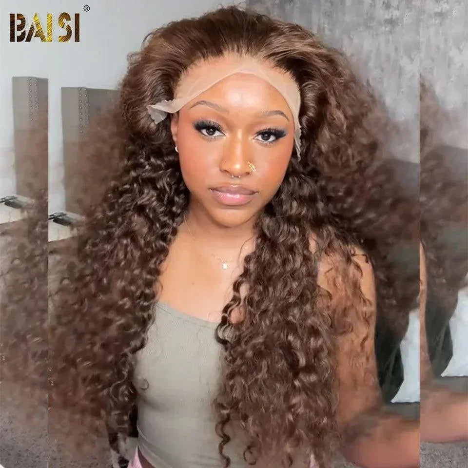 BAISI Sandrine 13x4 Lace Frontal Perruque Curly Marron #4 en 100% Cheveux Humains