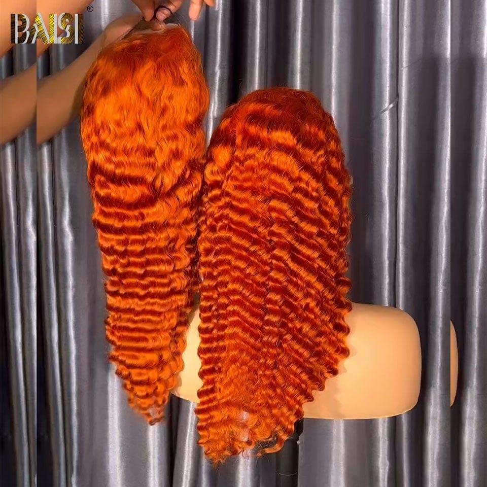 BAISI 13X4 lace Frontal Perruque Curly  Gingembre Orange ou 13X4 Lisse  en Couleur Marron 20 Pouces  100% Cheveux Humains