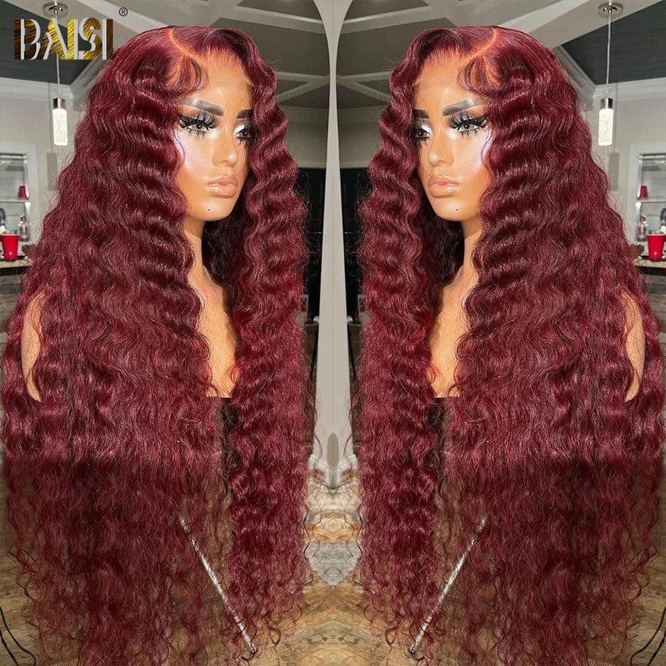 Parrucca in pizzo BAISI 13X4 Onda profonda Bordeaux Rosso 99J o arancione in veri capelli umani al 100%