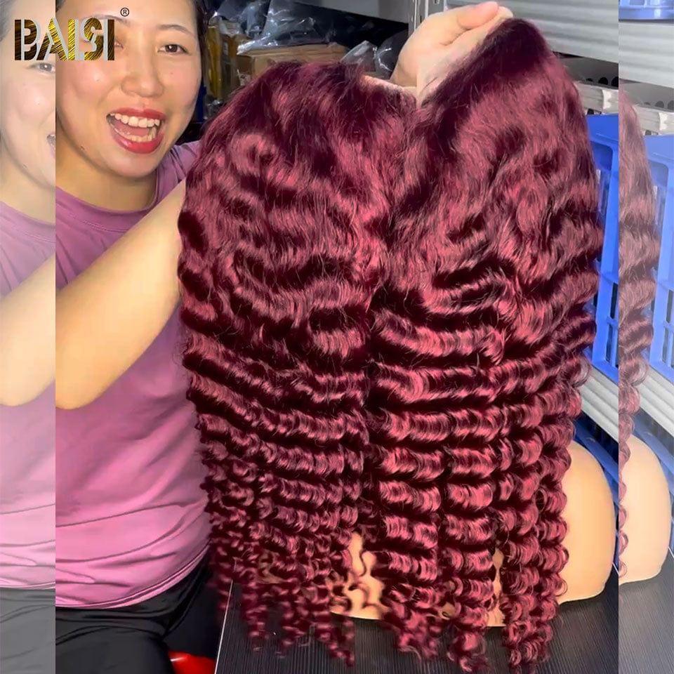 BAISI Achetez 2 perruques minimum au prix d'usine fournisseur 13x4 Lace Frontal Perruque Cruly Rouge Bordeaux en 100% Cheveux Humains (Pas Besoin de Code)